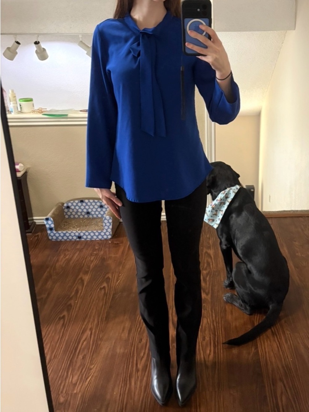 Tie-Neck Long-Sleeve Blouse - Cobalt Blue